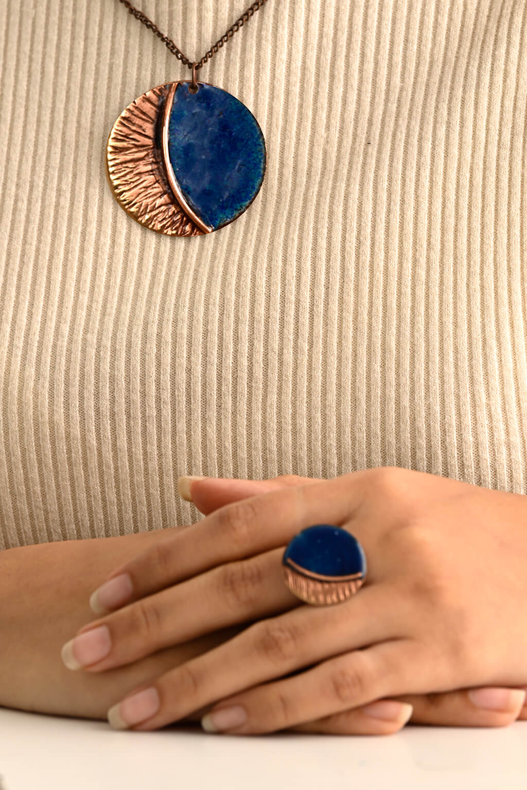 Hand Crafted Copper Enamel - Kakan Blue Pendant