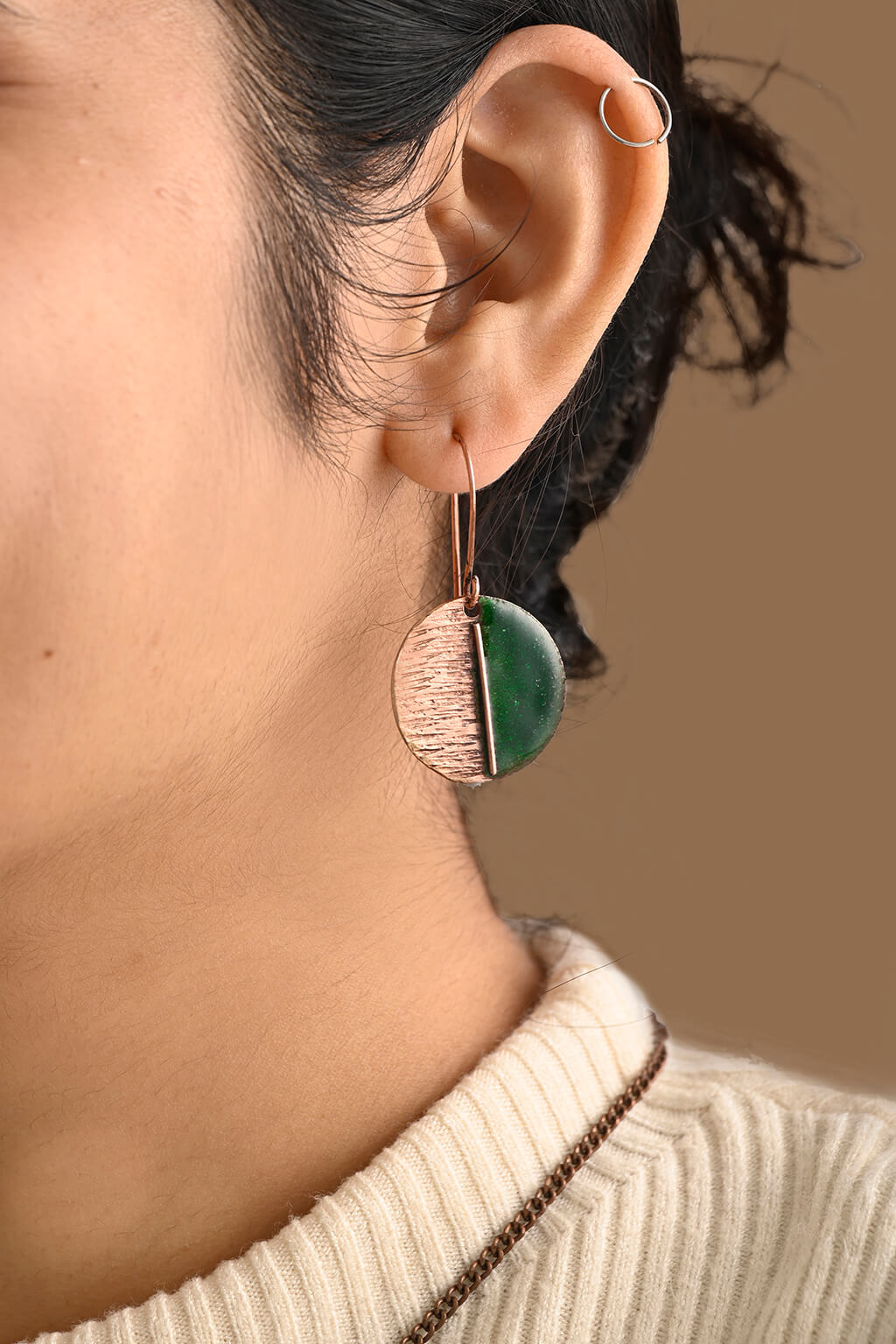 Hand Crafted Copper Enamel -  Kakan Green Earrings