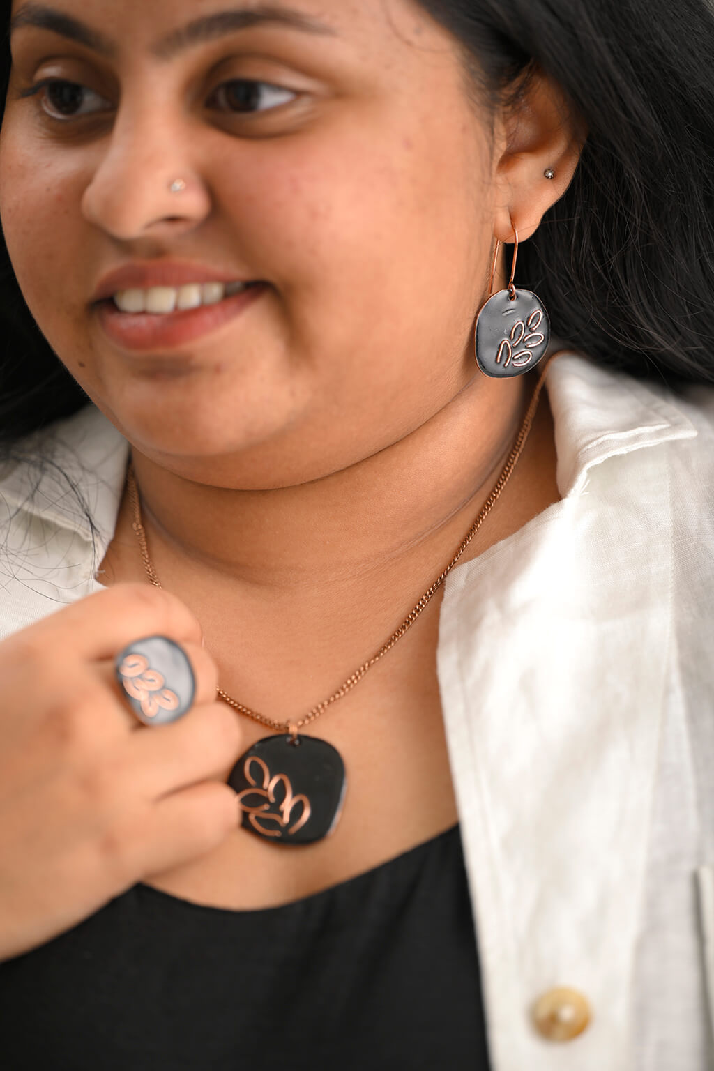 Hand Crafted Copper Enamel -  Phyllo Coal Set Small