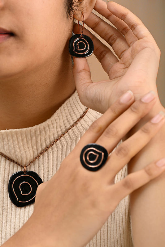 Hand Crafted Copper Enamel -  Vartul Black Earrings