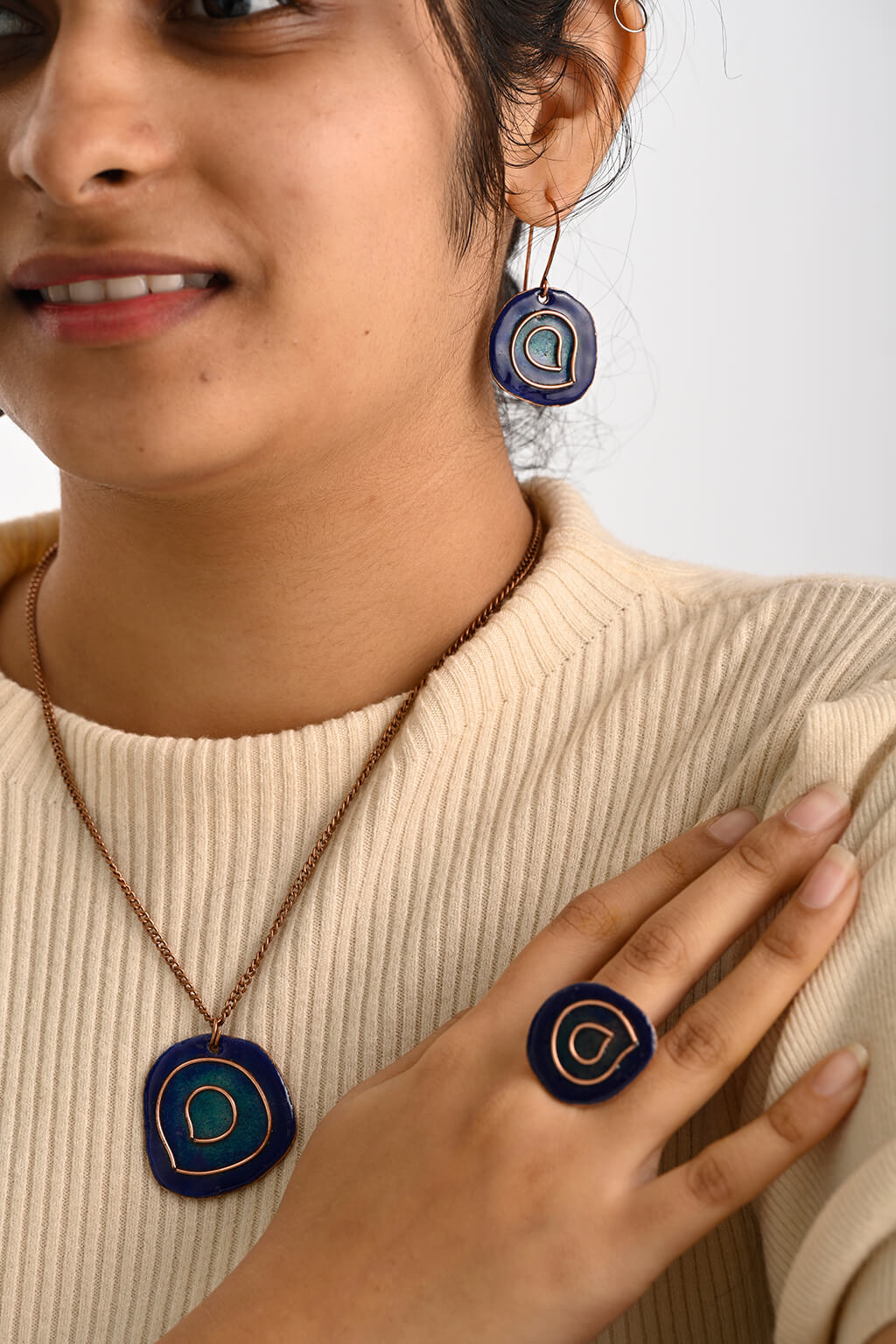 Hand Crafted Copper Enamel - Vartul Blue Earrings