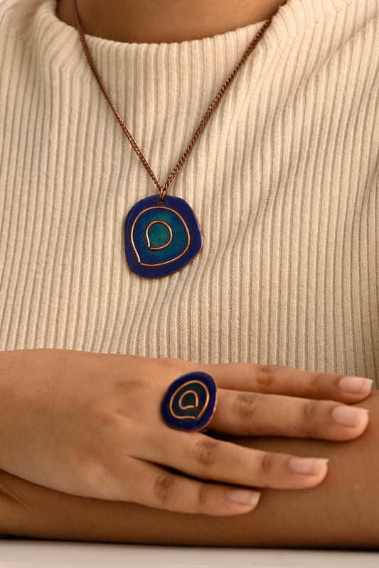 Hand Crafted Copper Enamel - Vartul Blue Pendant