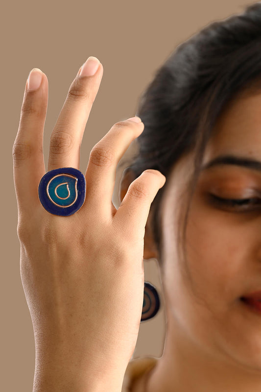 Hand Crafted Copper Enamel -  Vartul Blue Ring