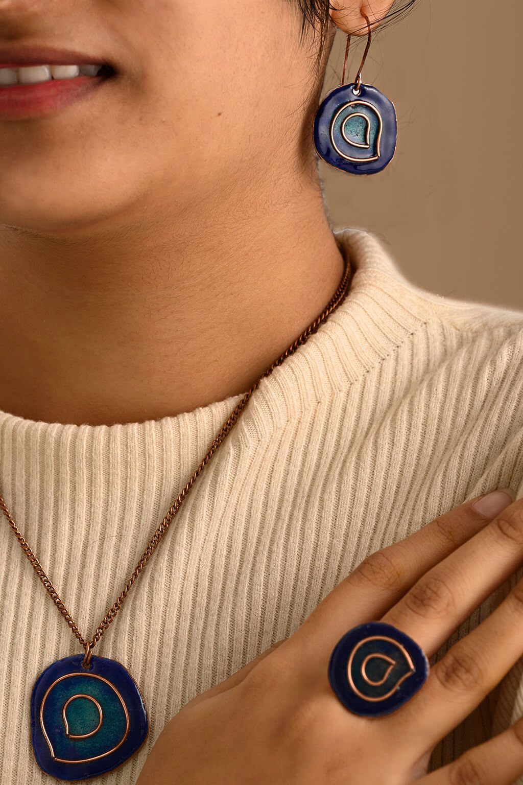 Hand Crafted Copper Enamel -  Vartul Blue Set Small