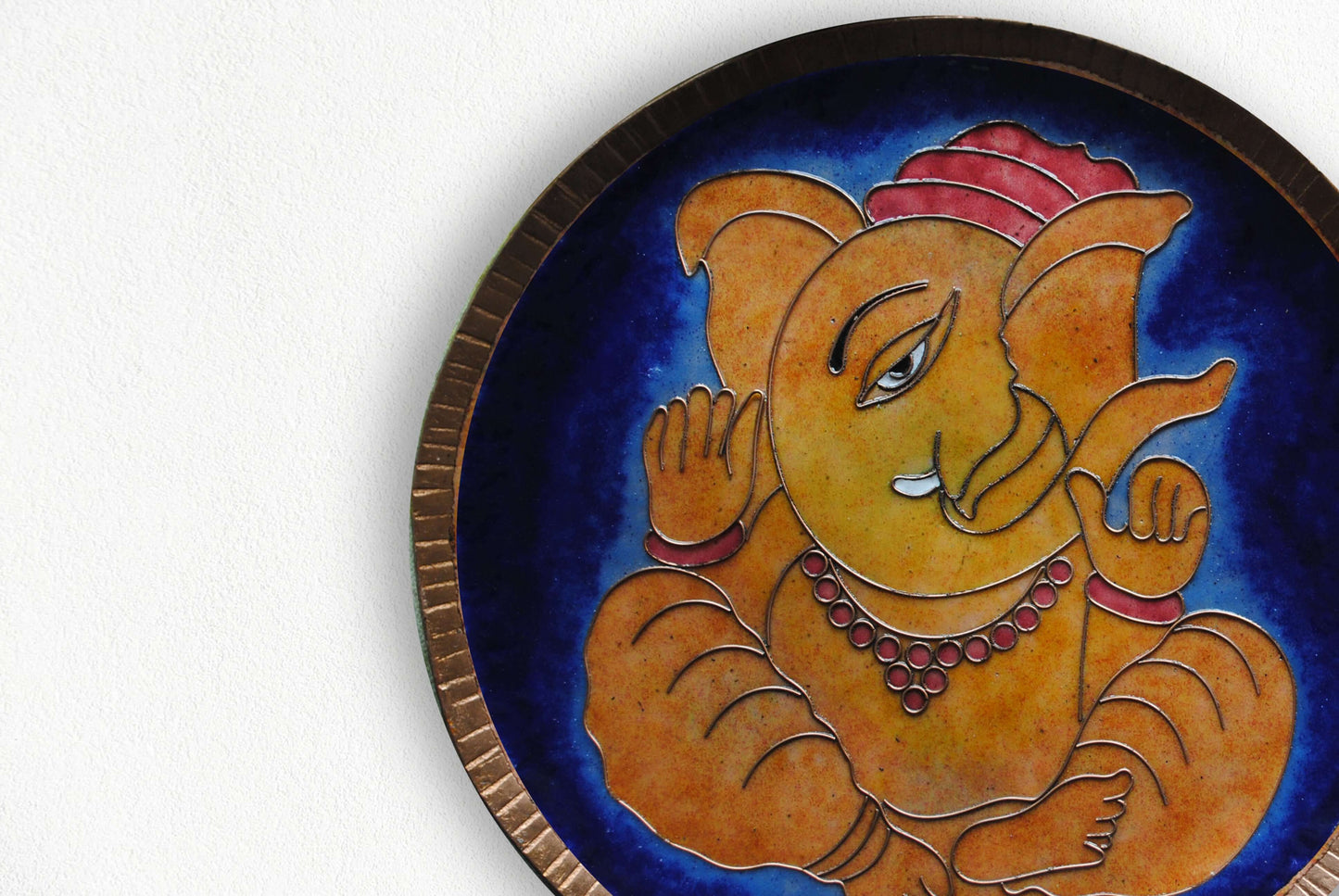 Home decor wall plates of Ganesh as Omkara, Ekdanaka, Vinayaka, handpainted and enameled on beaten copper