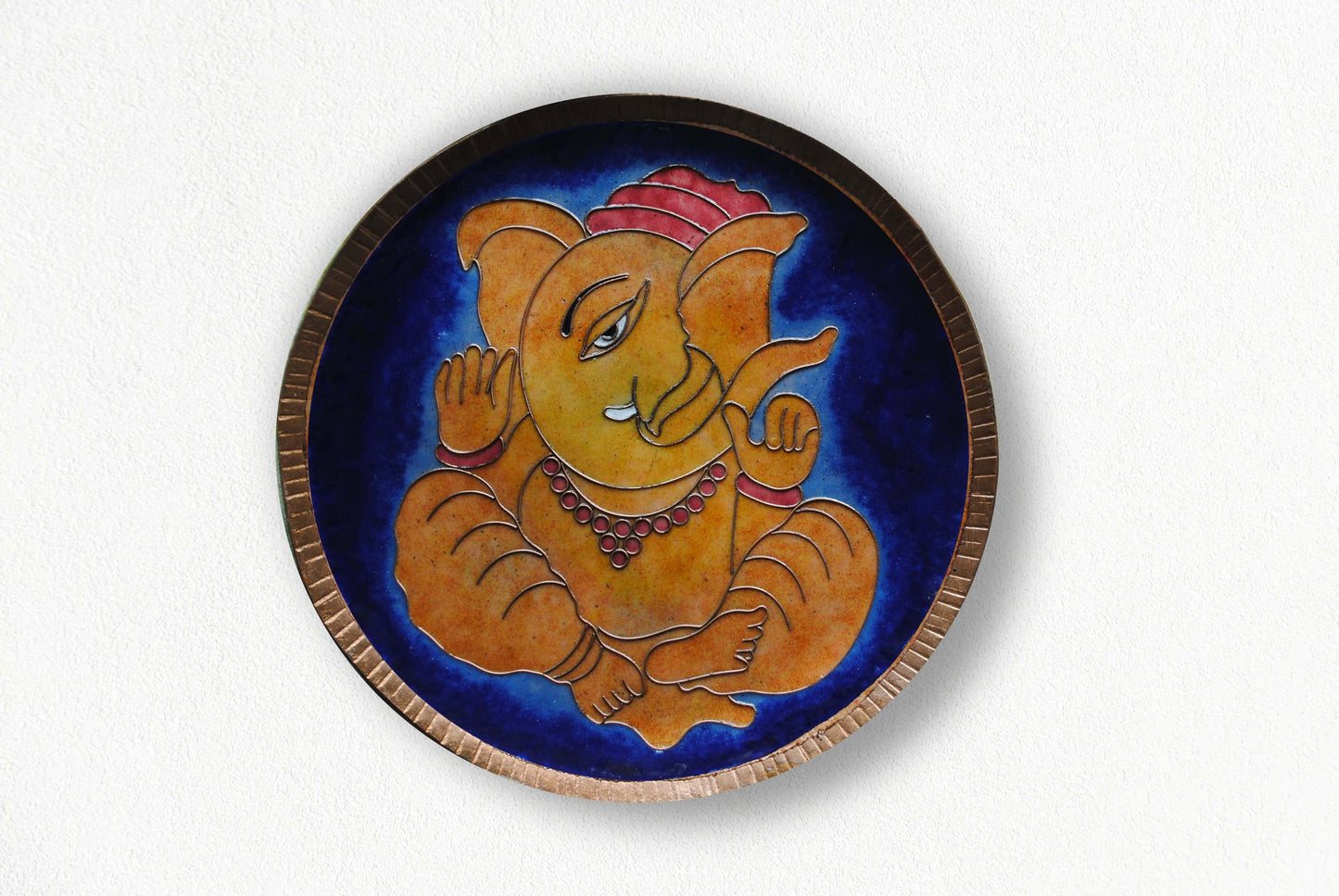 Home decor wall plates of Ganesh as Omkara, Ekdanaka, Vinayaka, handpainted and enameled on beaten copper