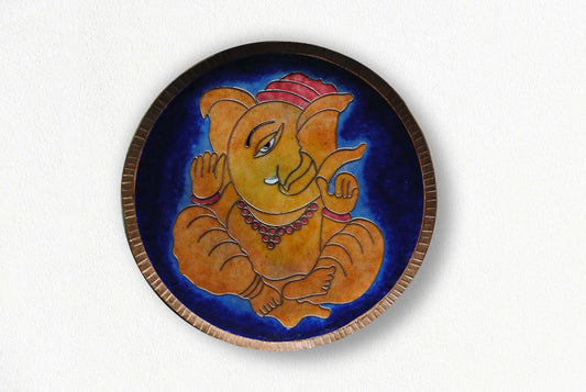 Home decor wall plates of Ganesh as Omkara, Ekdanaka, Vinayaka, handpainted and enameled on beaten copper