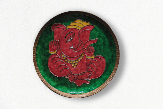 Home decor wall plates of Ganesh as Omkara, Ekdanaka, Vinayaka, handpainted and enameled on beaten copper