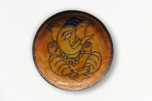 Home decor wall plates of Ganesh as Omkara, Ekdanaka, Vinayaka, handpainted and enameled on beaten copper