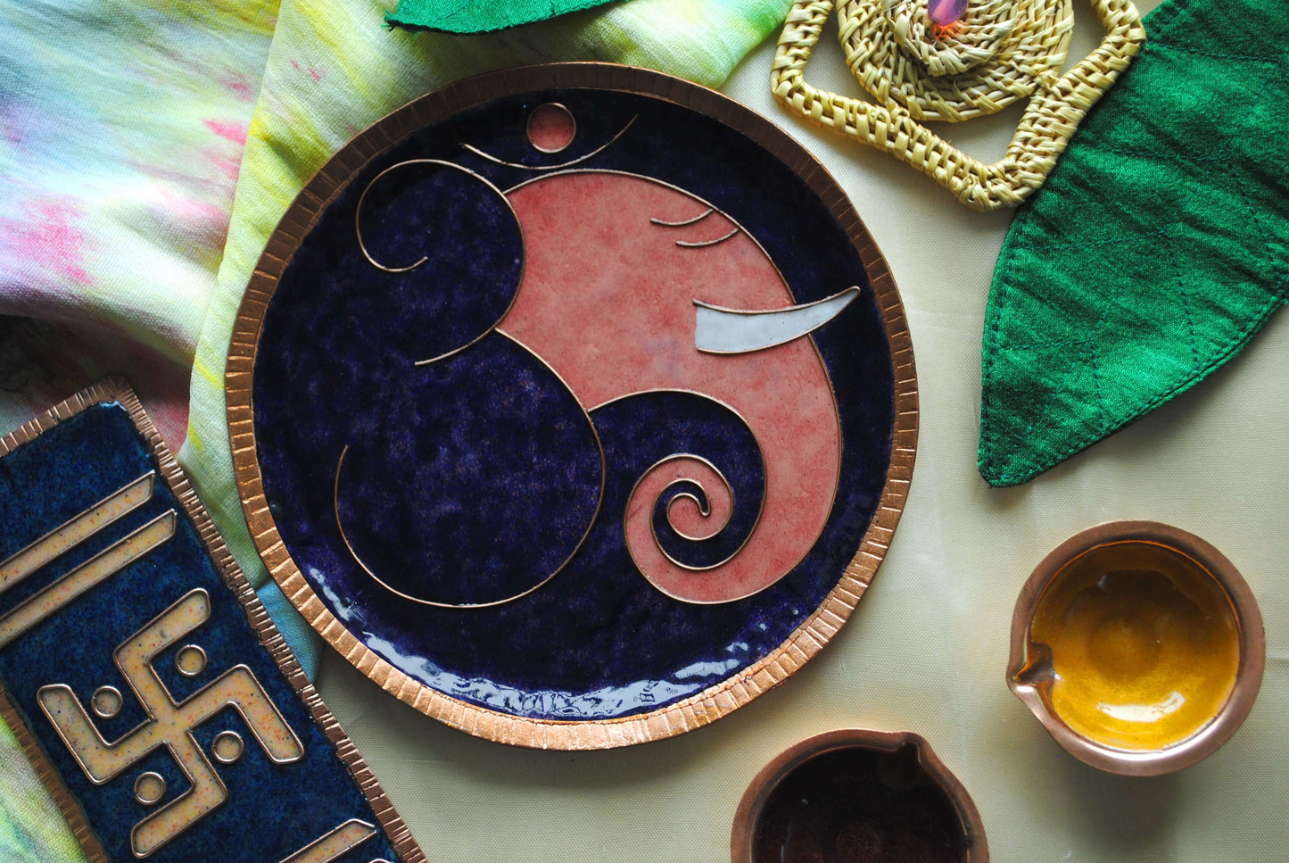 Home decor wall plates of Ganesh as Omkara, Ekdanaka, Vinayaka, handpainted and enameled on beaten copper