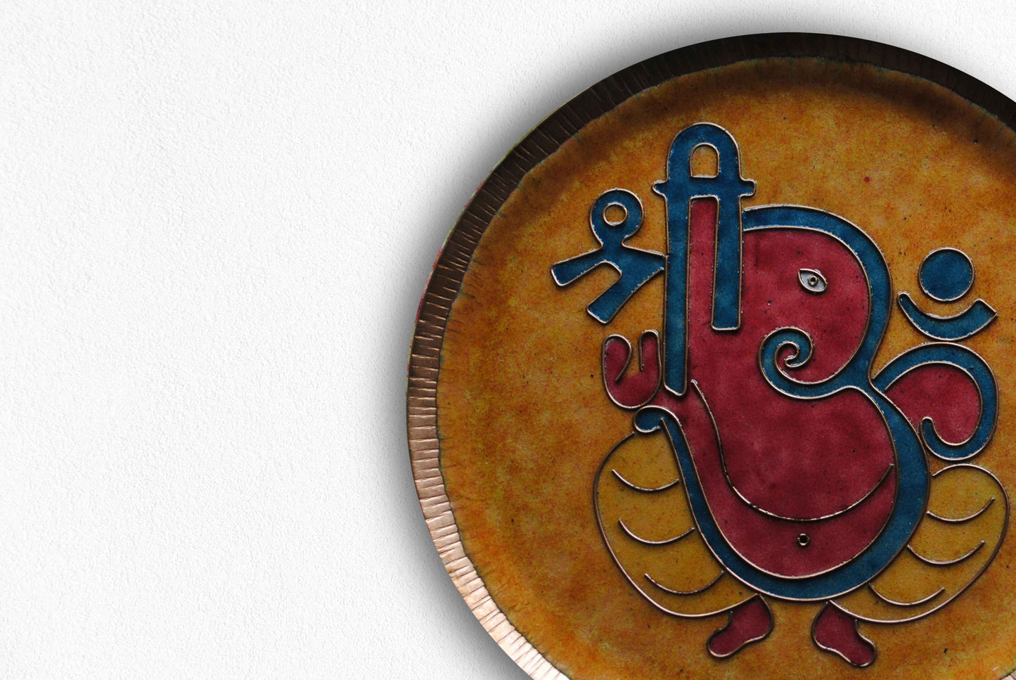 Home decor wall plates of Ganesh as Omkara, Ekdanaka, Vinayaka, handpainted and enameled on beaten copper
