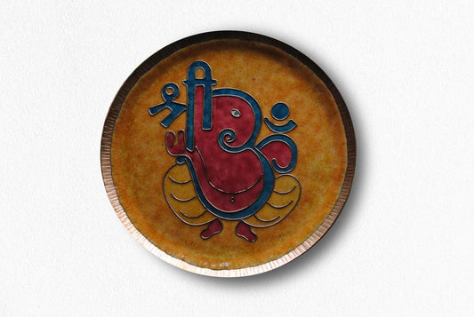 Home decor wall plates of Ganesh as Omkara, Ekdanaka, Vinayaka, handpainted and enameled on beaten copper