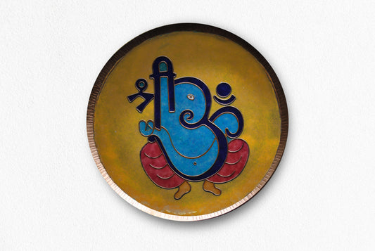 Home decor wall plates of Ganesh as Omkara, Ekdanaka, Vinayaka, handpainted and enameled on beaten copper