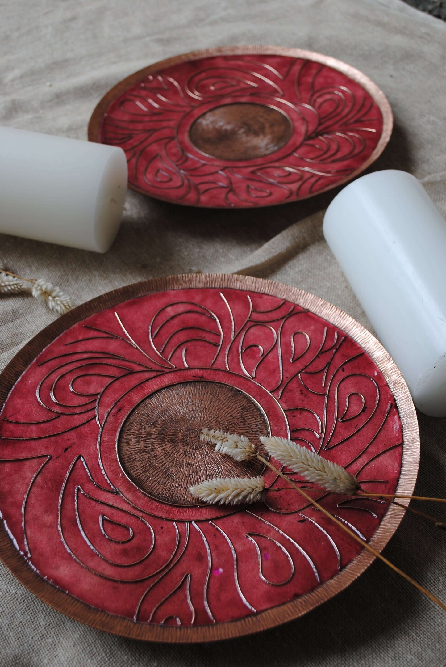 Home decor copper enamel wall plates and candle holder Lakhire range of bold, simple designs. Handcrafted by artisans in Maharashtra