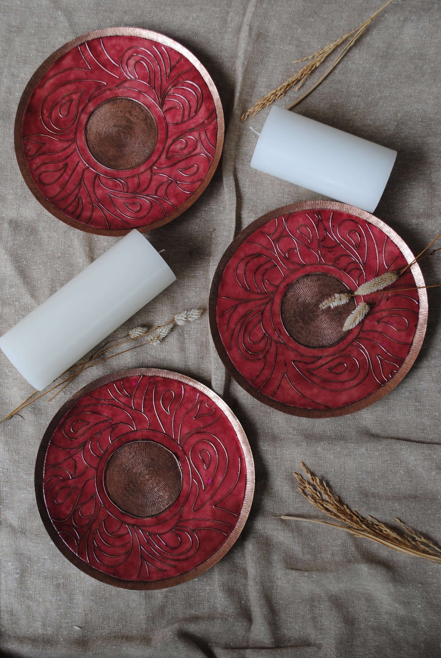 Home decor copper enamel wall plates and candle holder Lakhire range of bold, simple designs. Handcrafted by artisans in Maharashtra