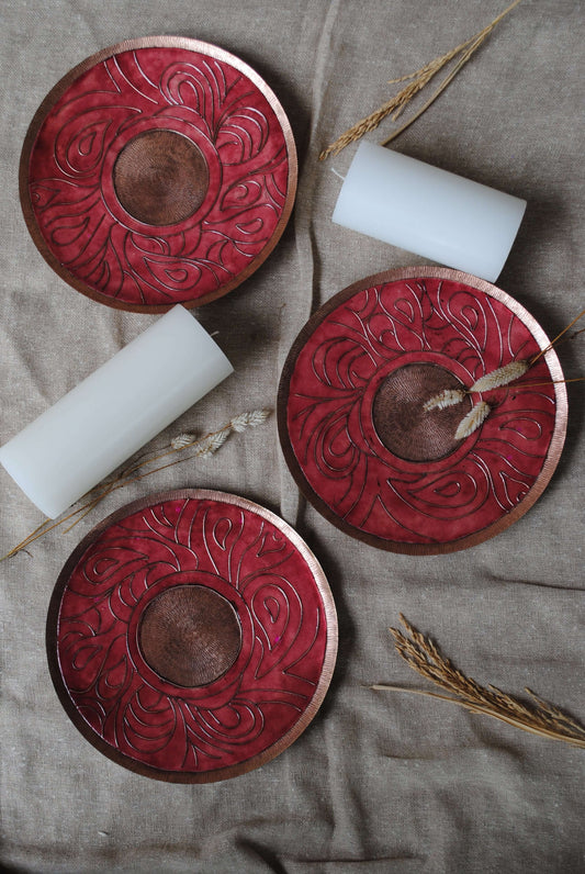 Home decor copper enamel wall plates and candle holder Lakhire range of bold, simple designs. Handcrafted by artisans in Maharashtra