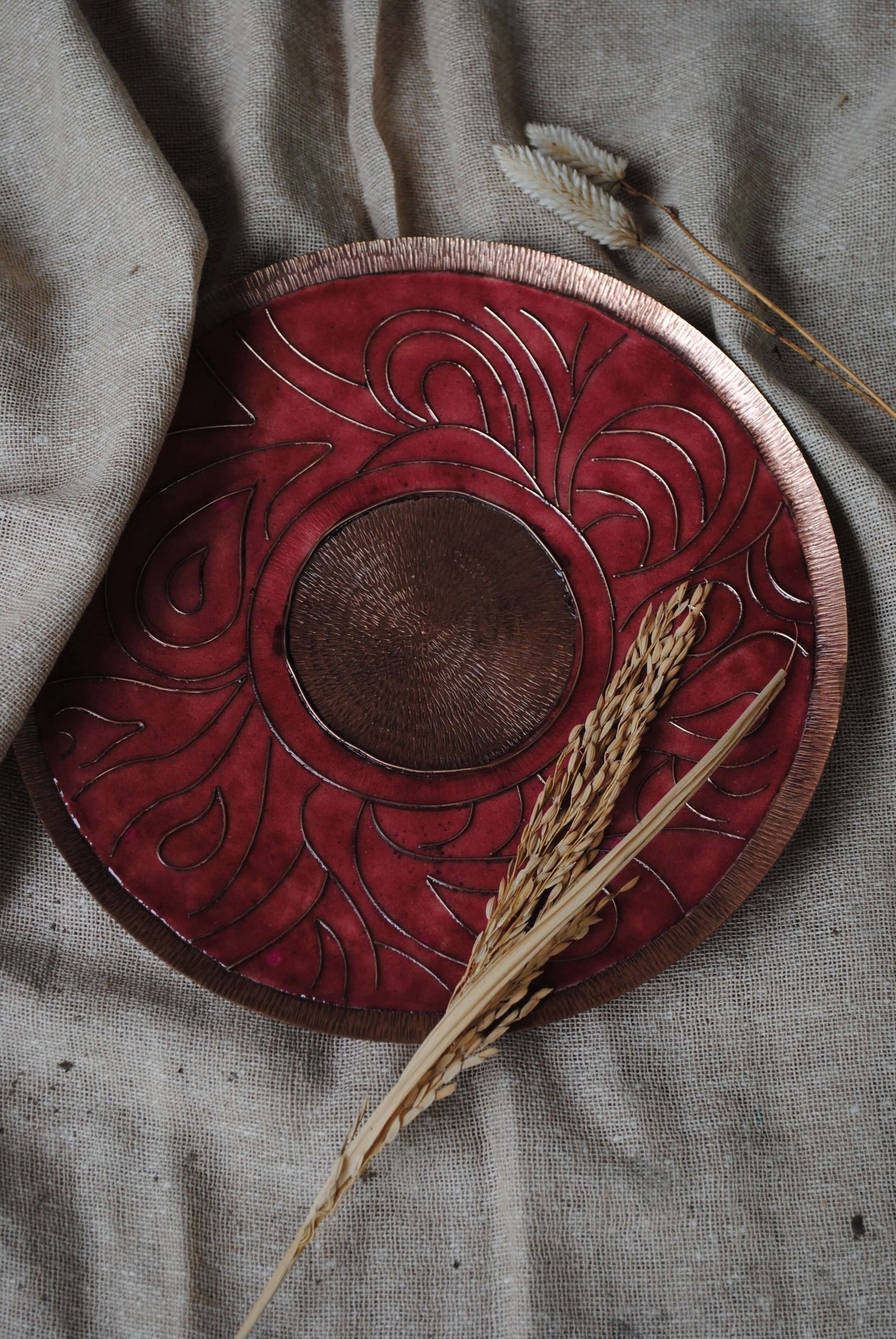 Home decor copper enamel wall plates and candle holder Lakhire range of bold, simple designs. Handcrafted by artisans in Maharashtra
