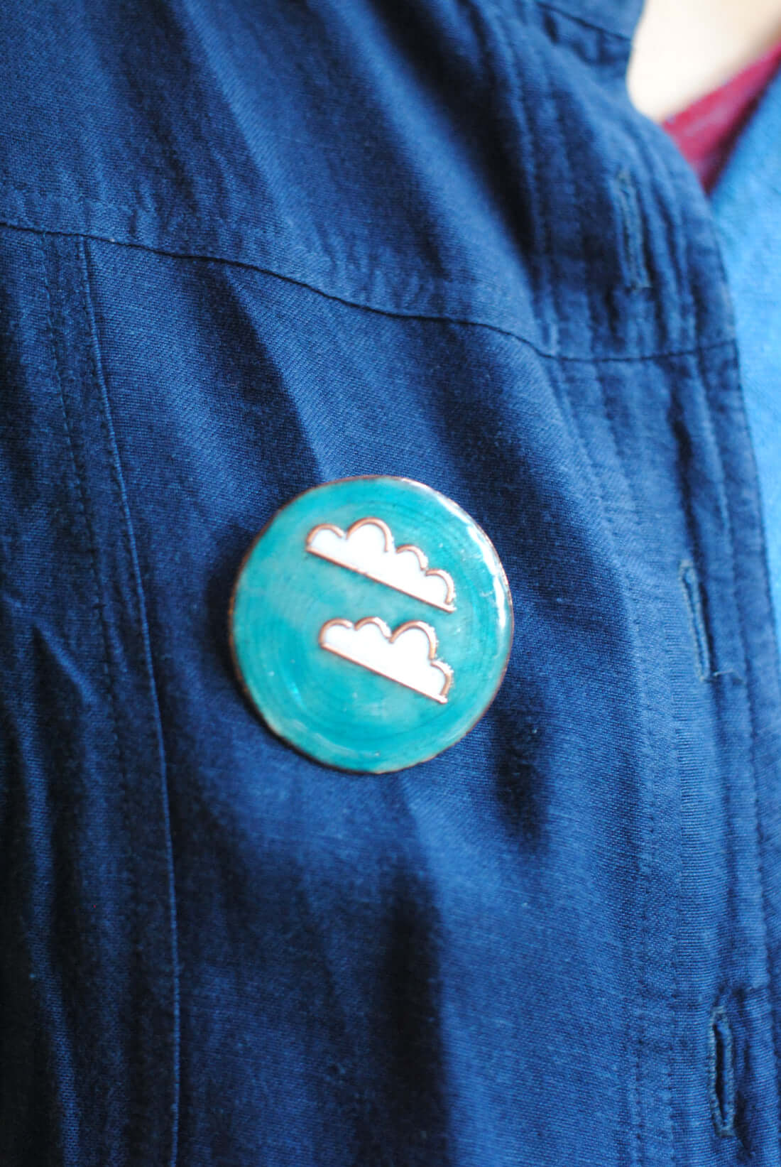 Copper enamel jewelry, lapel pin handcrafted in Maharashtra, India, Baadal design