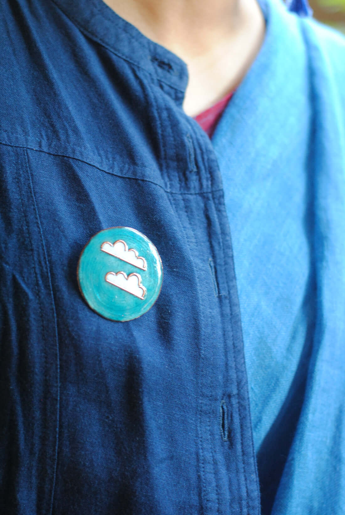 Copper enamel jewelry, lapel pin handcrafted in Maharashtra, India, Baadal design