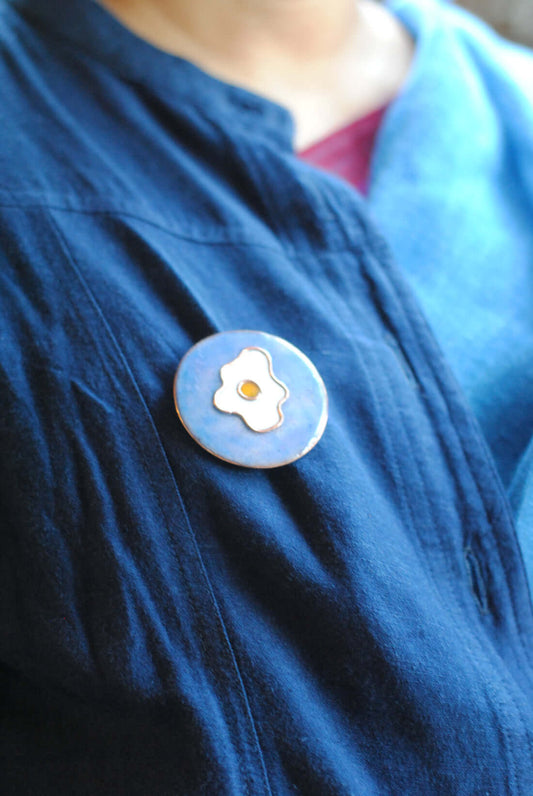 Copper enamel trinkets, lapel pin handcrafted in Maharashtra, India. Funky egg design