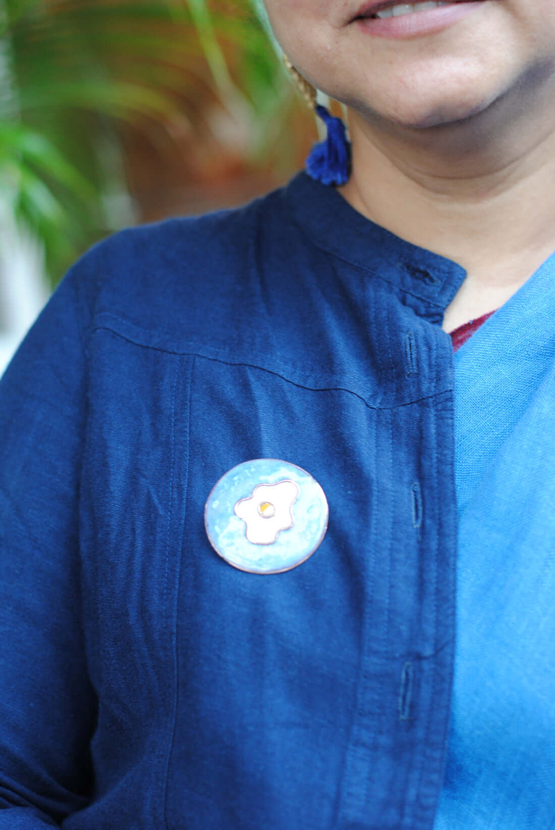 Copper enamel trinkets, lapel pin handcrafted in Maharashtra, India. Funky egg design