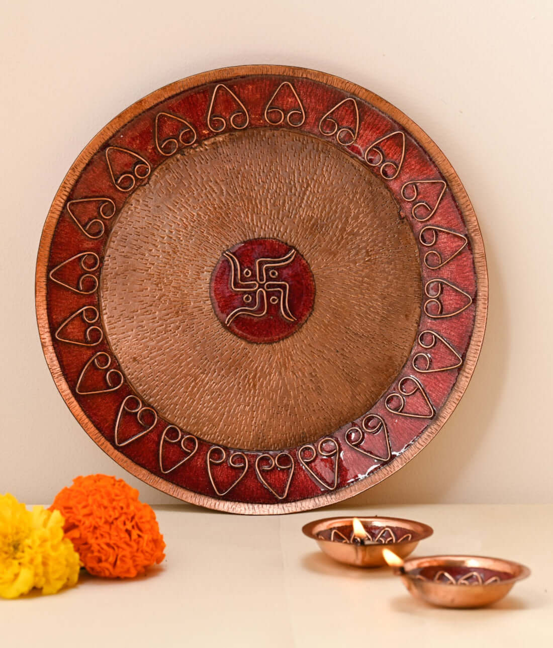 Copper enamel home decor, handcrafted in Maharashtra, India. Archana pooja thali and diya combo package
