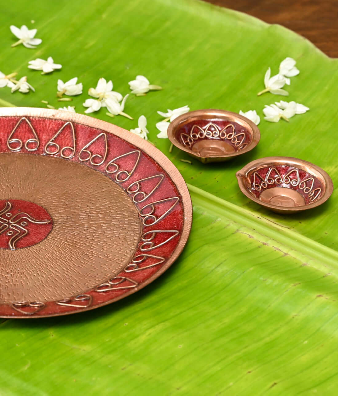 Copper enamel home decor, handcrafted in Maharashtra, India. Archana pooja thali and diya combo package