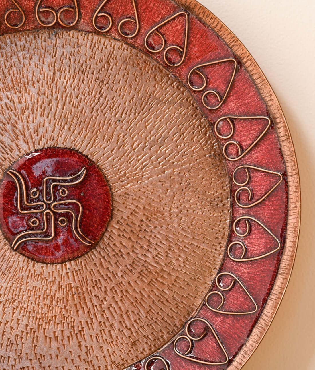 Copper enamel home decor, handcrafted in Maharashtra, India. Archana pooja thali and diya combo package
