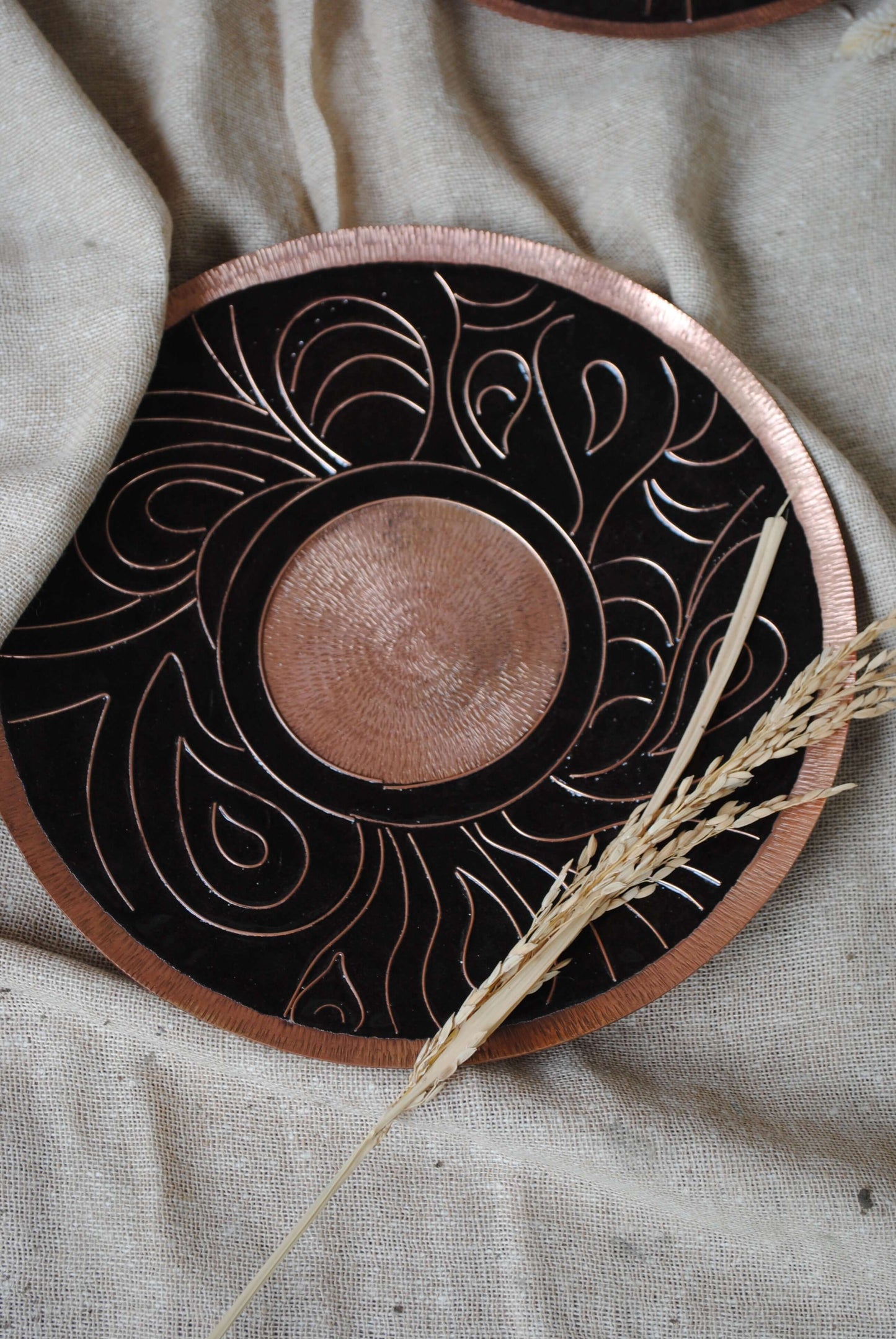 Home decor copper enamel wall plates and candle holder Lakhire range of bold, simple designs. Handcrafted by artisans in Maharashtra