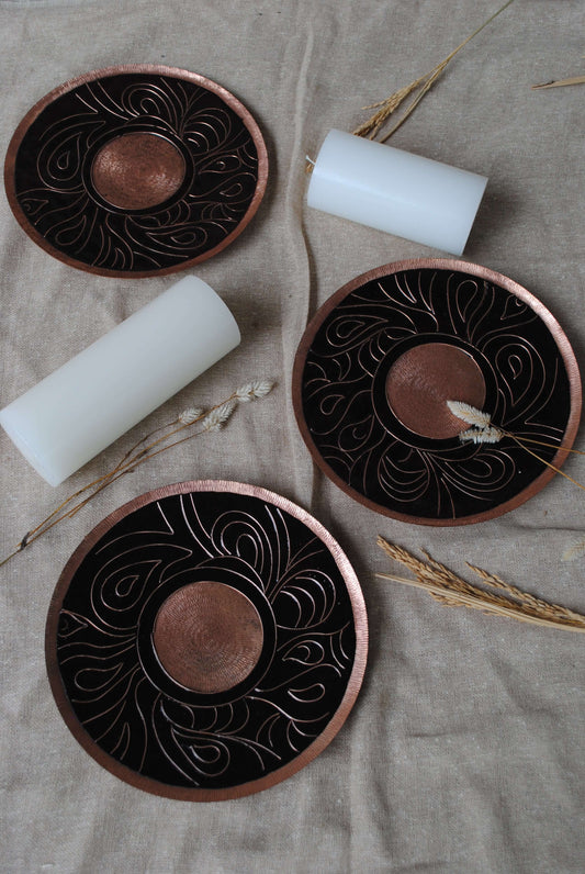 Home decor copper enamel wall plates and candle holder Lakhire range of bold, simple designs. Handcrafted by artisans in Maharashtra