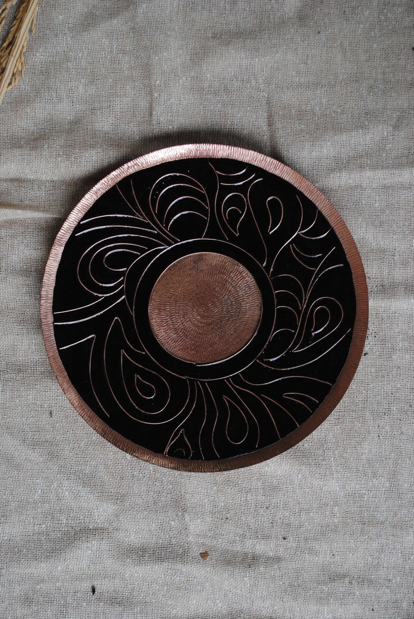 Home decor copper enamel wall plates and candle holder Lakhire range of bold, simple designs. Handcrafted by artisans in Maharashtra