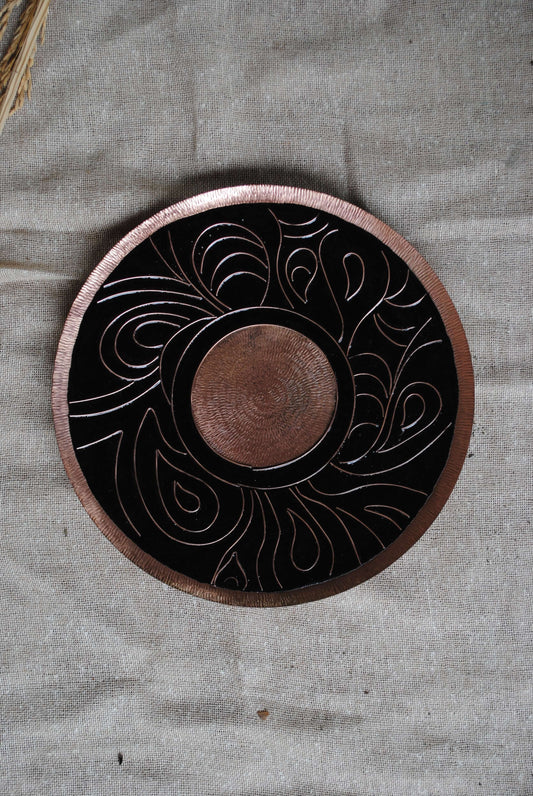 Home decor copper enamel wall plates and candle holder Lakhire range of bold, simple designs. Handcrafted by artisans in Maharashtra