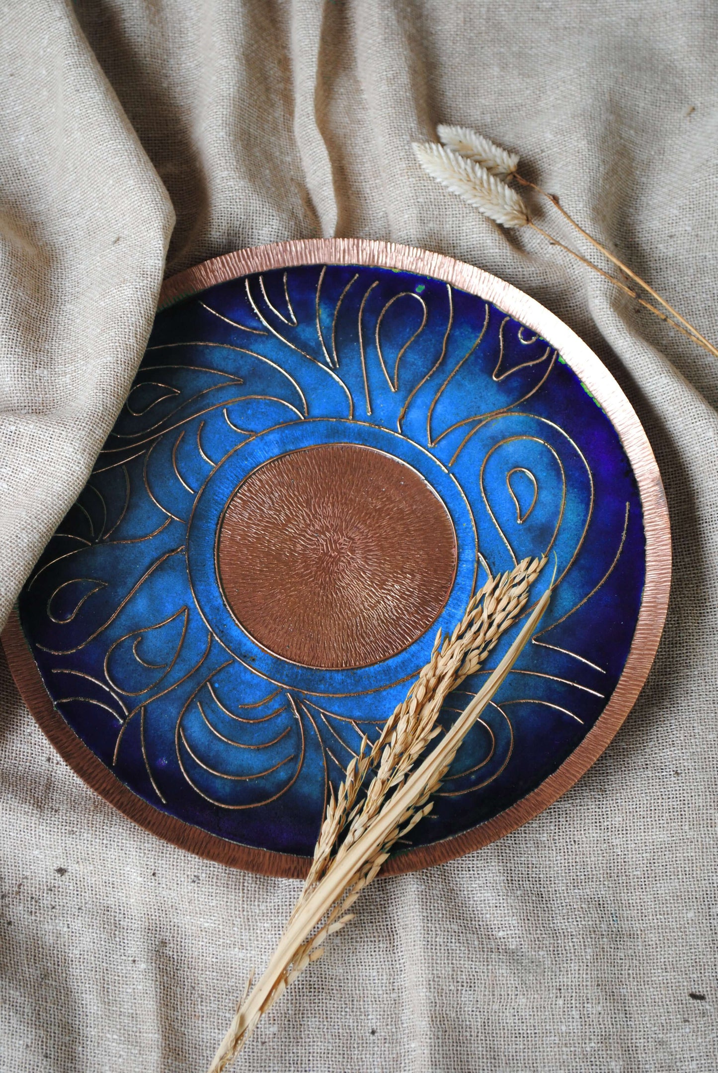 Home decor copper enamel wall plates and candle holder Lakhire range of bold, simple designs. Handcrafted by artisans in Maharashtra