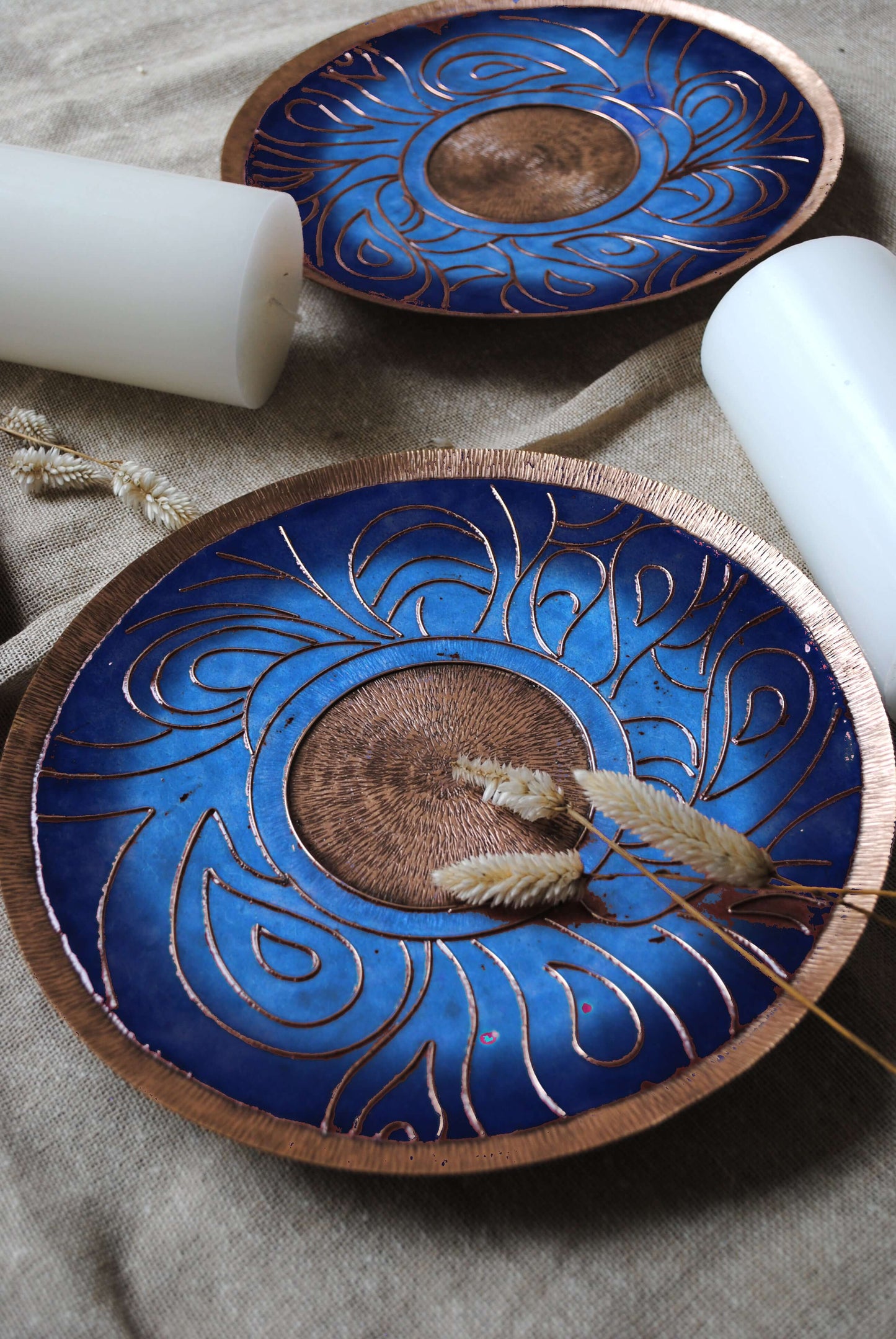 Home decor copper enamel wall plates and candle holder Lakhire range of bold, simple designs. Handcrafted by artisans in Maharashtra