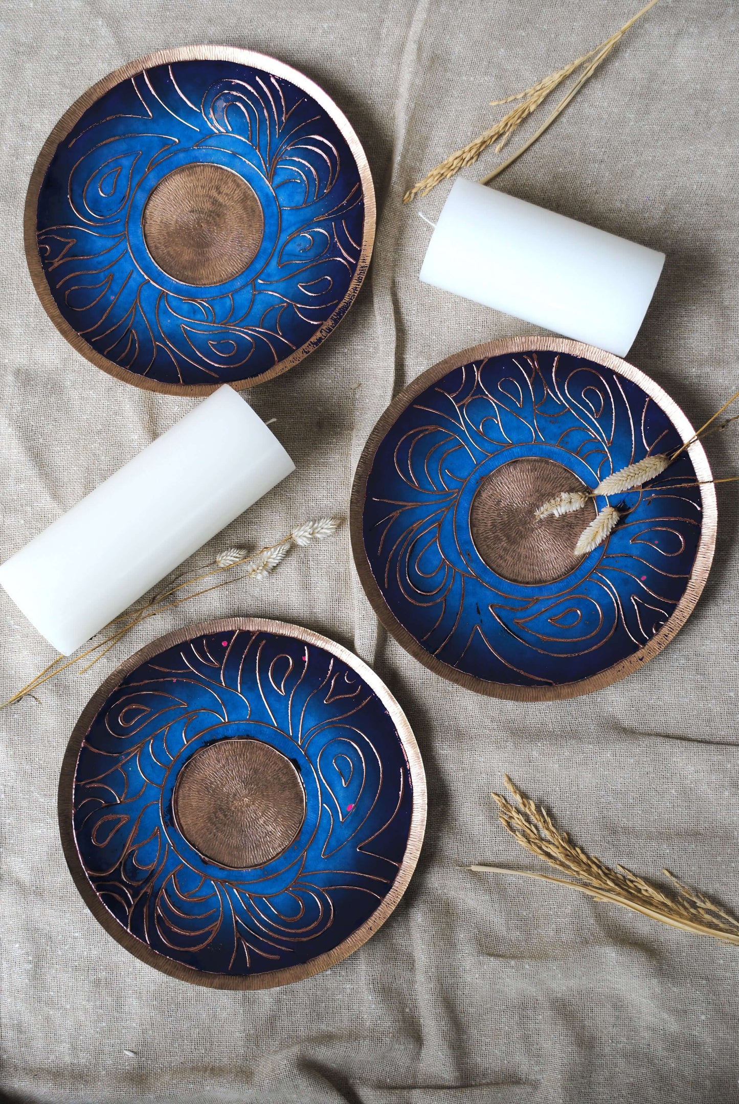 Home decor copper enamel wall plates and candle holder Lakhire range of bold, simple designs. Handcrafted by artisans in Maharashtra