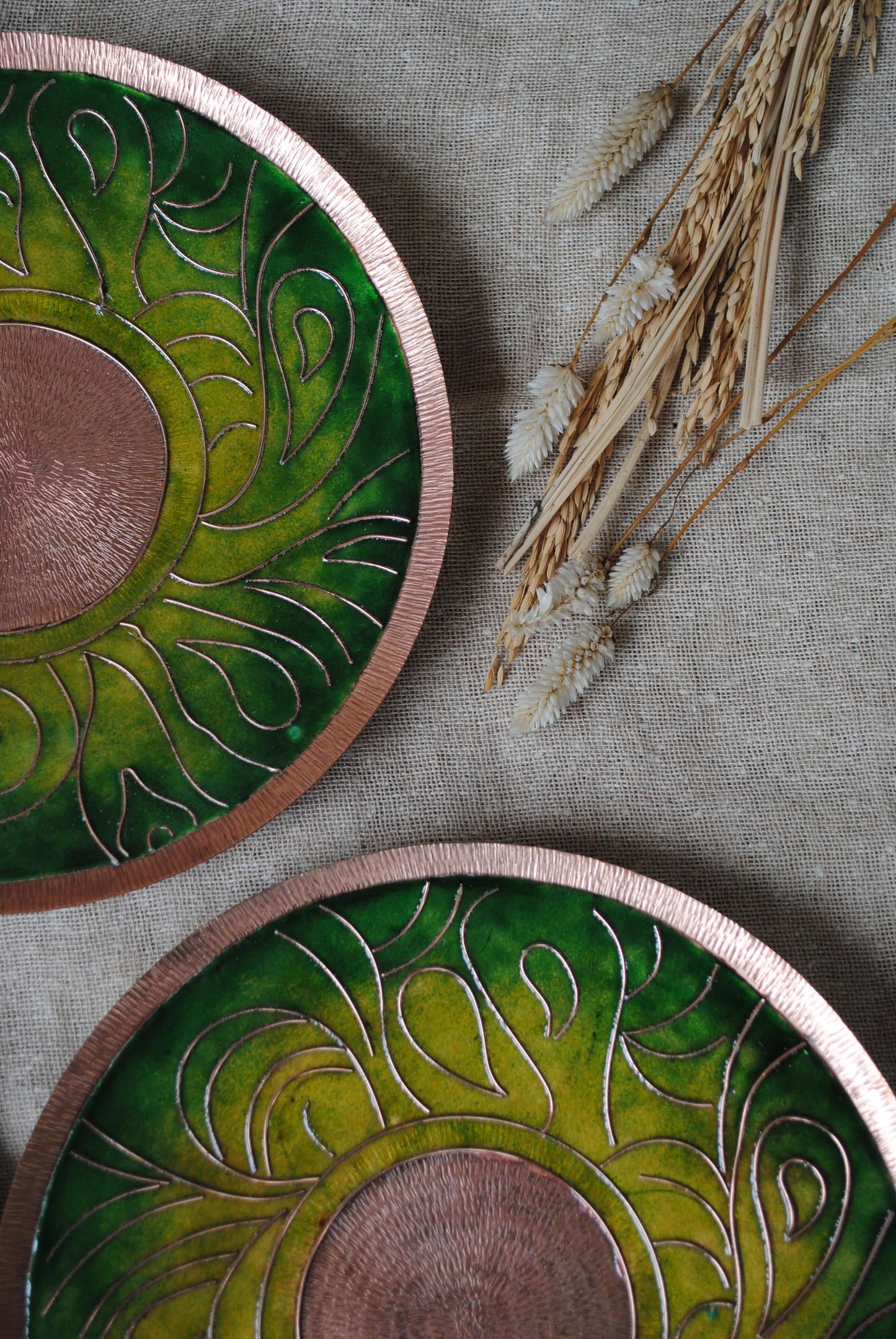 Home decor copper enamel wall plates and candle holder Lakhire range of bold, simple designs. Handcrafted by artisans in Maharashtra