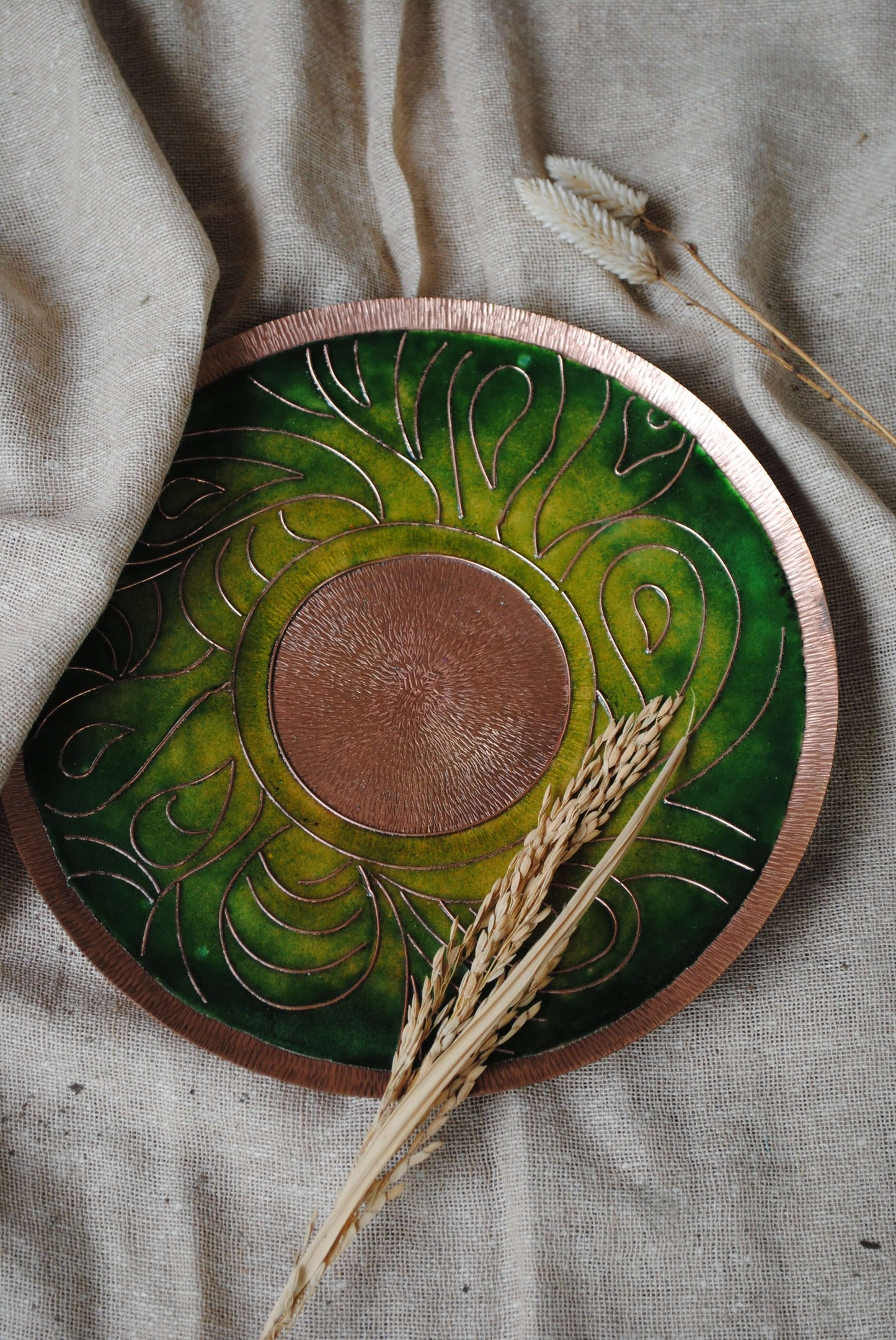 Home decor copper enamel wall plates and candle holder Lakhire range of bold, simple designs. Handcrafted by artisans in Maharashtra