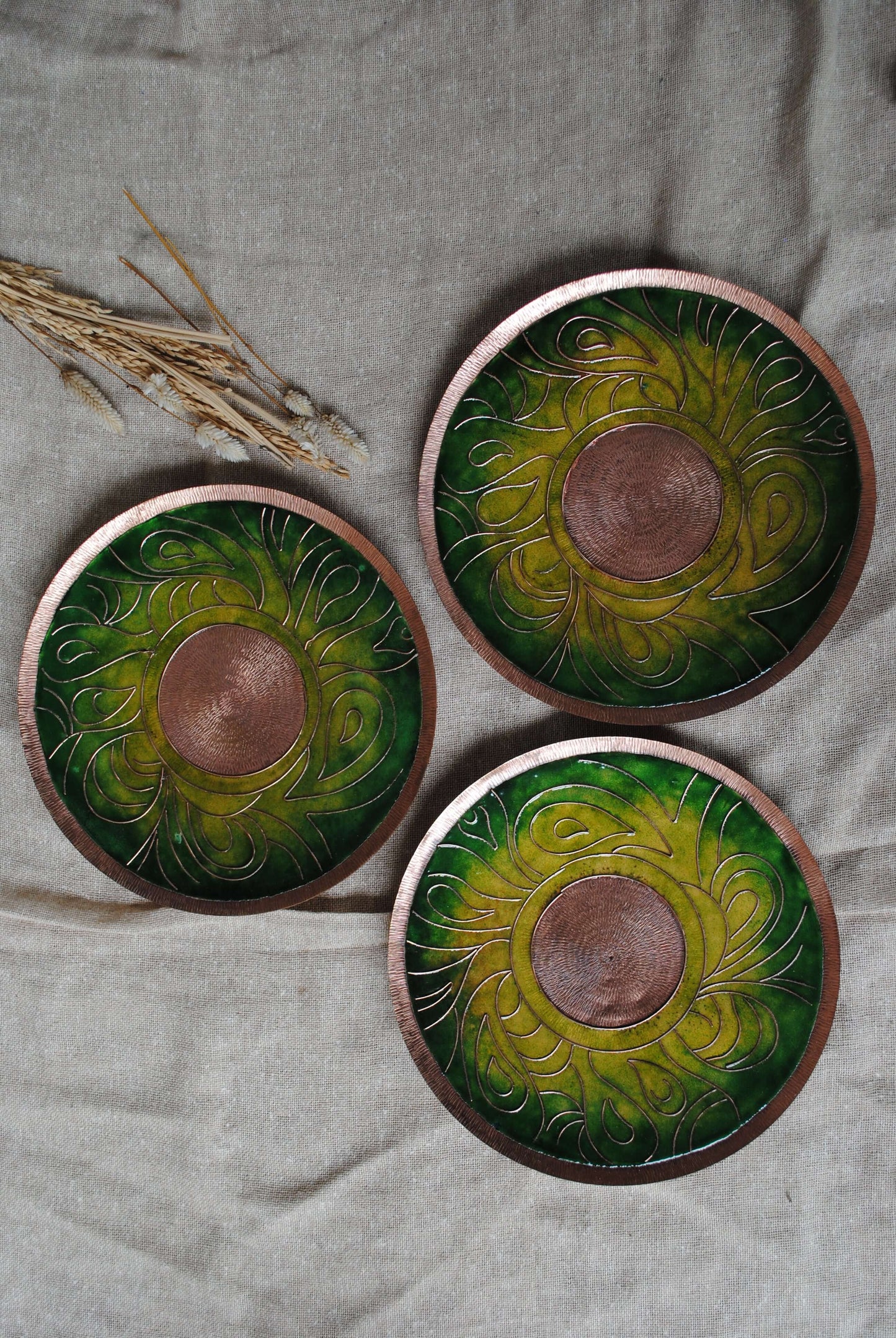 Home decor copper enamel wall plates and candle holder Lakhire range of bold, simple designs. Handcrafted by artisans in Maharashtra