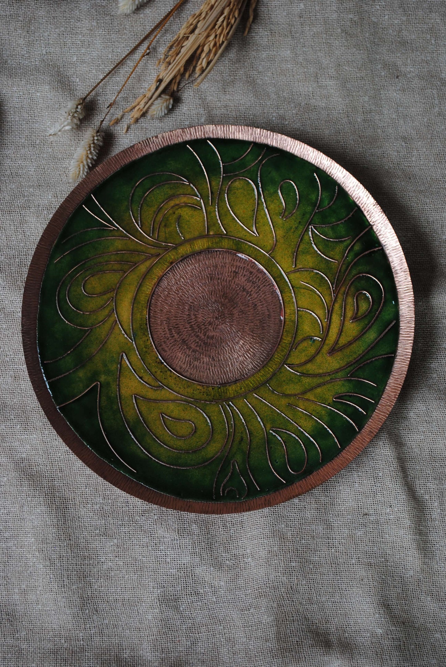 Home decor copper enamel wall plates and candle holder Lakhire range of bold, simple designs. Handcrafted by artisans in Maharashtra