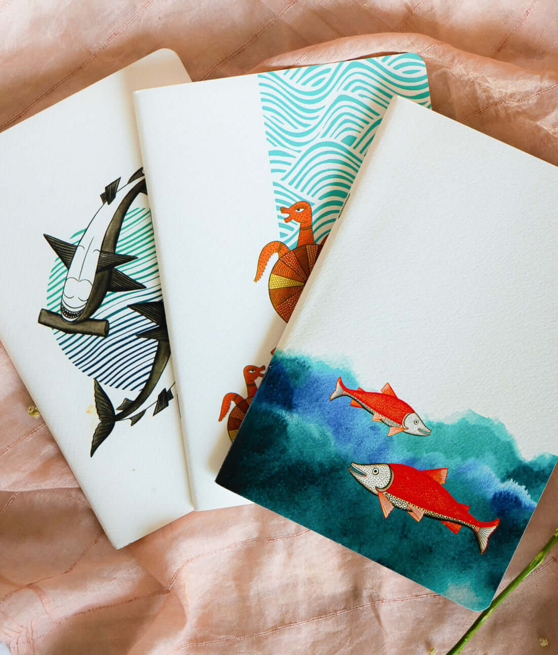 Set of 3 Notebooks in Patchitra handcrafted Notebook, to raise awareness of marine environment