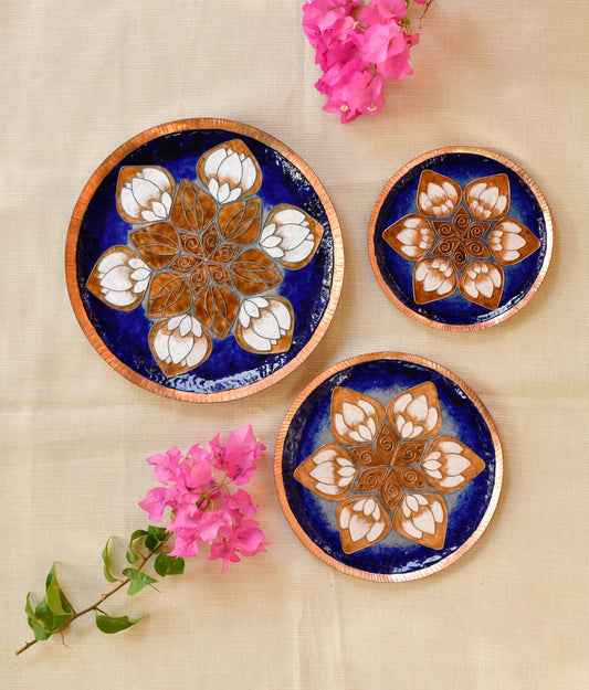 Handcrafted Copper Enamel Blue Lotus Petal Wall Plate-3 sizes