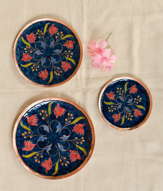 Handcrafted Copper Enamel Lotus Navy Blue Wall Plate- 3 sizes