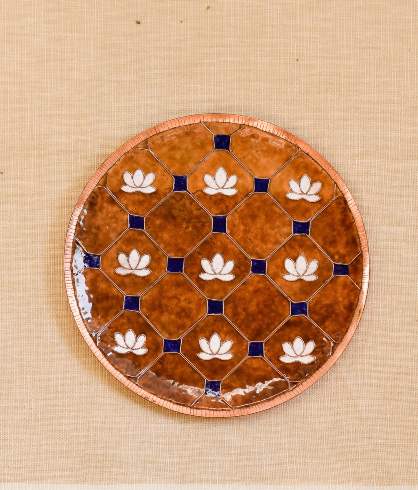 EkiBeki Handcrafted Copper Enamel Lotus in a jali Brown Wall Plate-3 sizes