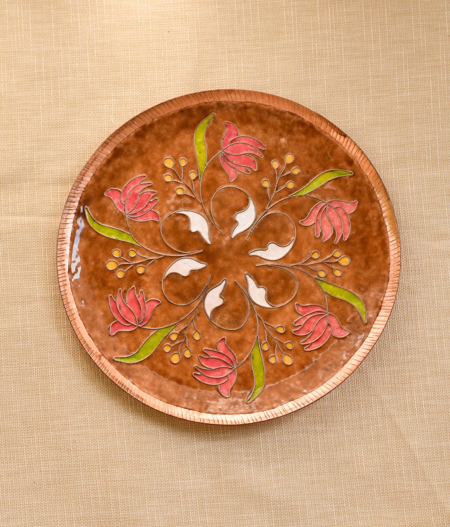 EkiBeki Handcrafted Copper Enamel Swirling Lotus Brown Wall Plate-3 sizes