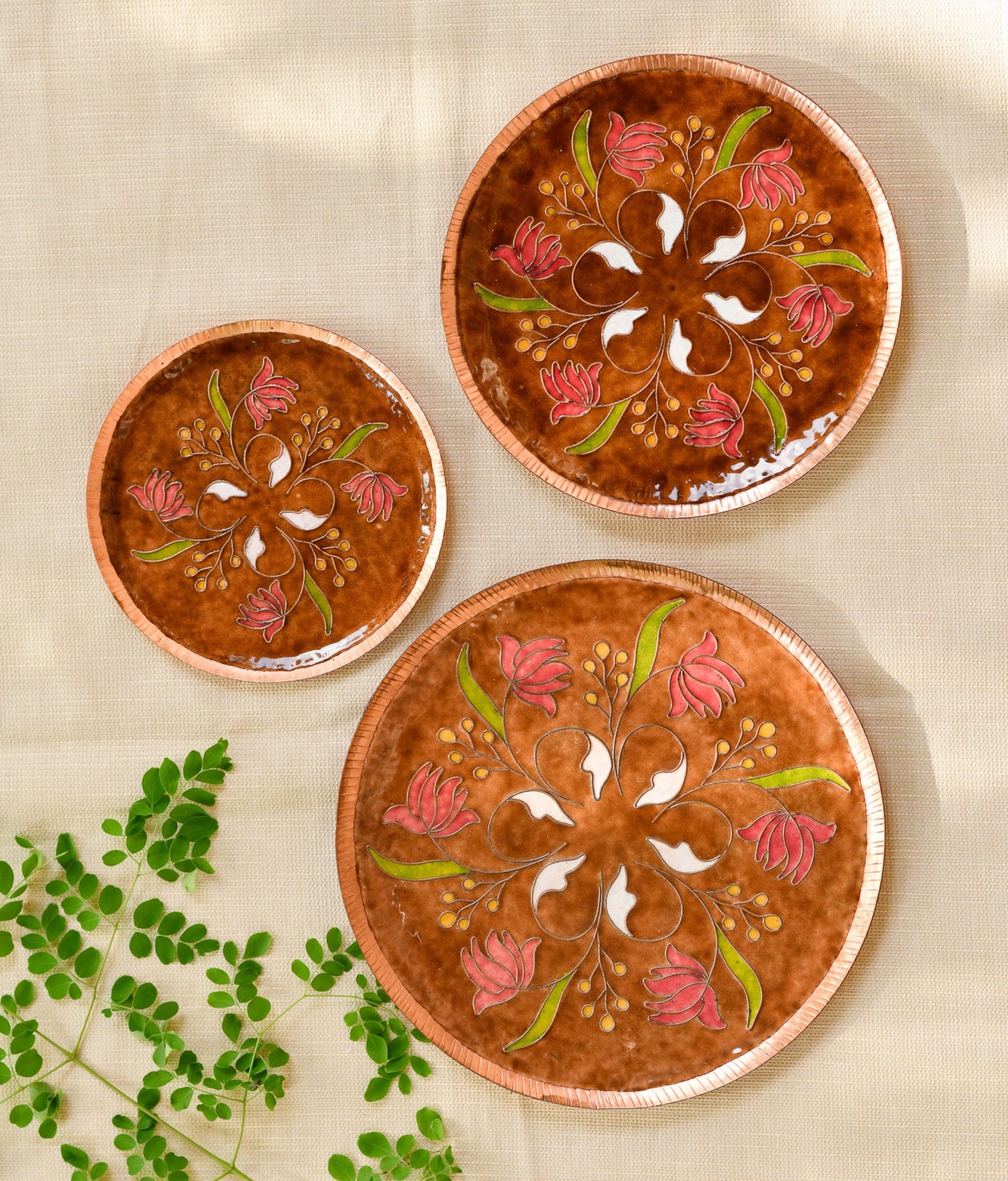 EkiBeki Handcrafted Copper Enamel Swirling Lotus Brown Wall Plate-3 sizes