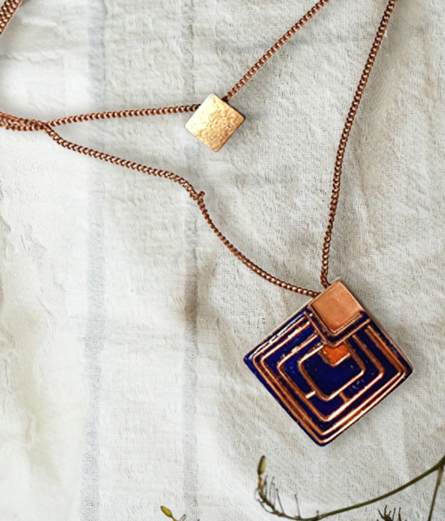 Handcrafted Copper Enamel Diamond Shape Pendant