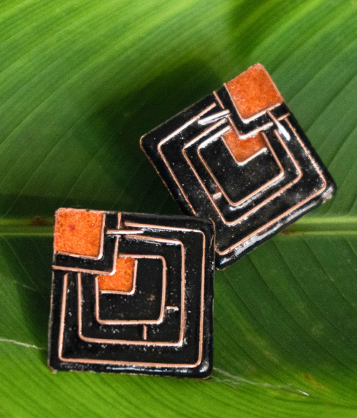 Handcrafted Diamond Shape Black/Orange Copper Enamel Studs Earrings