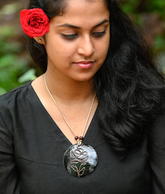 Handcrafted Black Rose Copper Enamel Large Pendant