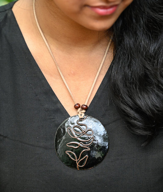 Handcrafted Black Rose Copper Enamel Large Pendant