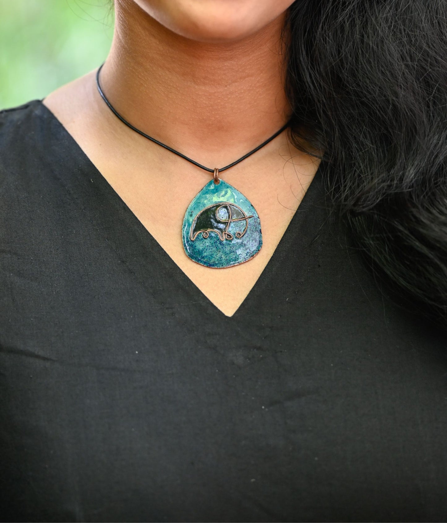 Handcrafted Blue Elephant Copper Enamel Large Pendant